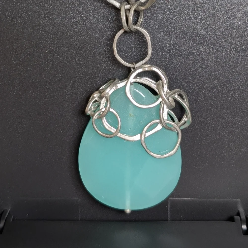 Lia Sophia Aqua Glass Pendant Necklace Silver Statement Coastal Quiet Luxury - Picture 2 of 9